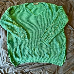 Green V-Neck Sweater with Pearl Accents